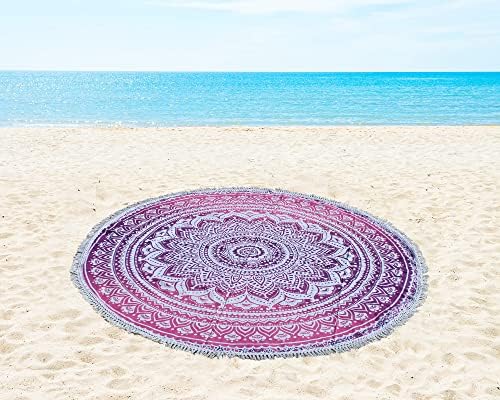 Round Beach Tapestry Turquoise Mandala Throw/Boho Hippie Beach Blanket Roundie/Indian Cotton Bohemian Large Round Table Cloth-Home Decor/Yoga Mat Meditation Picnic Rug (70", Pink and White)