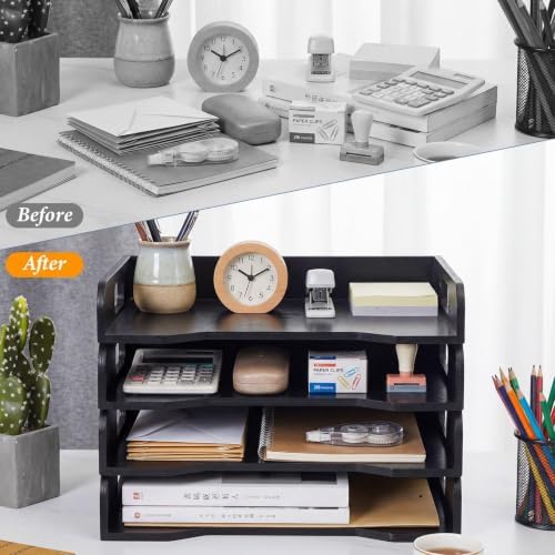 Yinkin Wooden Stackable Paper Trays 4-tier Wooden Paper Organizer for Desk Letter Documents Woodens Desktop File Organizers for Desktop File Holder and Office Supplies Rack for Home Office Use (Black)