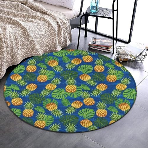 Fashion Round Area Rug Large Non Slip Carpet, Tropical Banana Palm Leaves Pineapples Unisex Home Decor Mat, 36inch