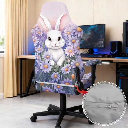 Rabbit Daisy Print Gaming Chair Cover Slipcovers 4pcs with Armrest Covers Washable Anti Scratch Furniture Protector Stretchable Office Chair Slipcover