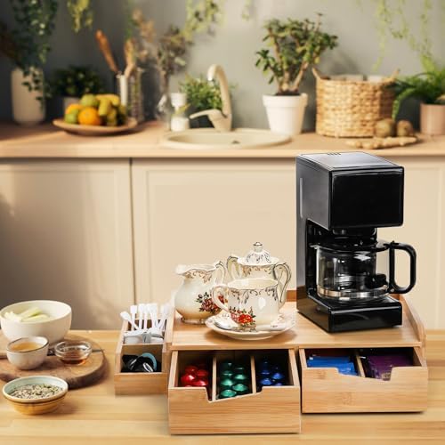 SOUJOY Bamboo 2 Drawer Coffee Pod Organizer with Side Box for K Cup Tea Bag