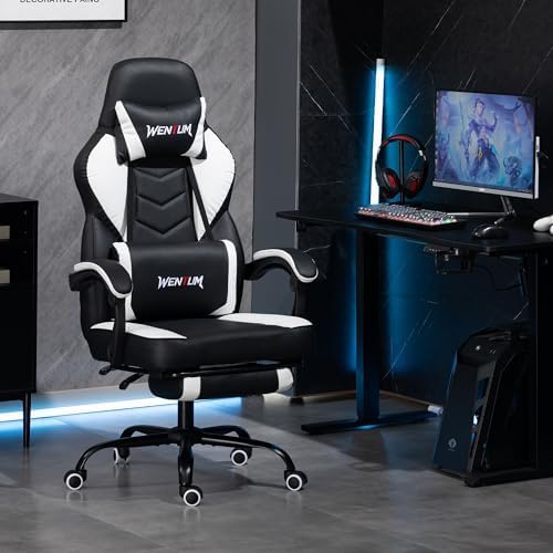 Massage Gaming Chair, Big & Tall with Lumbar Support & Footrest, White