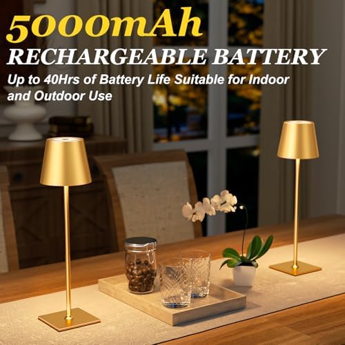 Kakanuo Gold Cordless Rechargeable Table Lamp 5000mAh Battery Operated Lamps, 3 Colors Stepless Dimming Touch Lamp for Living Room, Kitchen Counter, Dining, Outdoor Patio, 2 Pack