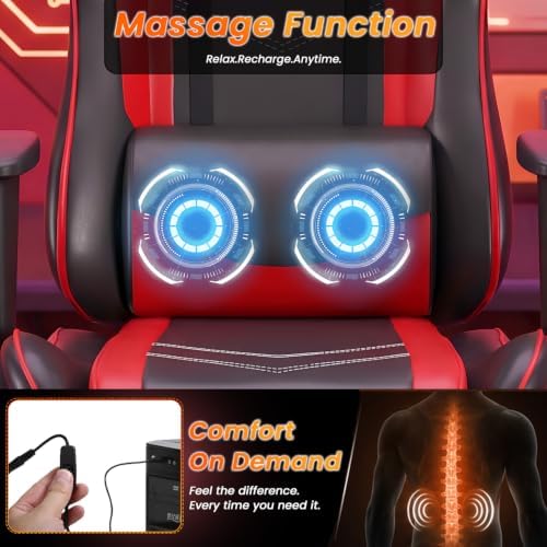 BestOffice Women's Red Gaming Chair, Sturdy Faux Leather, 360-Degree Rotating, Lumbar Support, Massage Vibration, Easy Assembly, 21.7"W x 20.9"D x 45"H