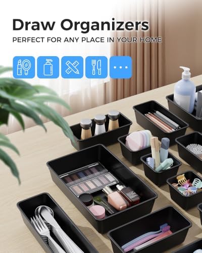 BiuLeon 25 PCS Plastic Drawer Organizers Set, 4-Sizes Vanity and Makeup Organizer, Desk and bathroom Drawer Organizer Trays, Organizers and Storage for Makeup, Jewelry, Gadgets, Utensils (Black)