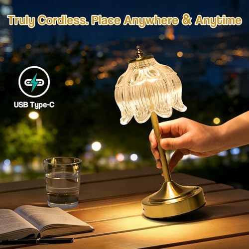 Cordless Table Lamp, Rechargeable Clear Glass Lotus Flower Lamp