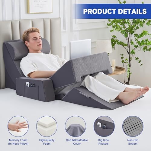 Yojoker Orthopedic Bed Wedge Pillow Set for Sleeping, Post Surgery Foam for Body, Back and Leg Pain Relief Comfortable & Adjustable Support Pillows-Anti Snoring, Heartburn (Full Gray, 9 Piece Set)