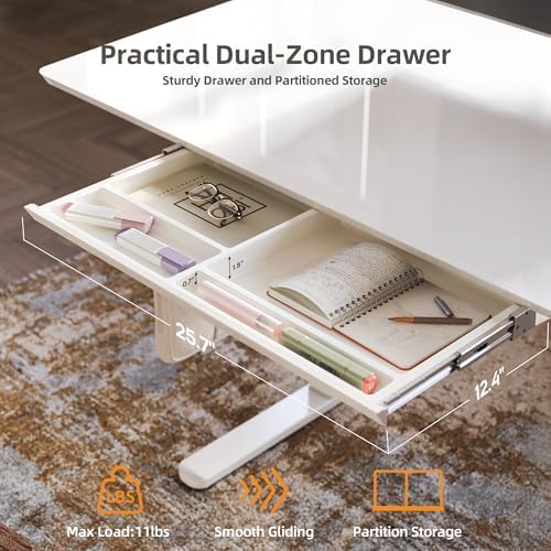 Claiks Glass Standing Desk with Drawers 48x24 Inch Super White