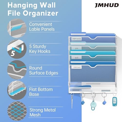 5-Tier Wall File Organizer and Mail Organizer with 5 Hooks, White