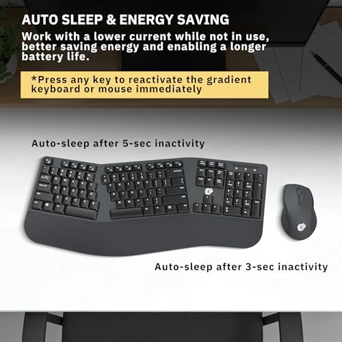 Ergonomic Wireless Keyboard and Mouse Combo, 2.4GHz USB Full Size Keyboard with Wrist Rest and 3 Level DPI Adjustable Wireless Mouse for PC and Laptop Use - Black