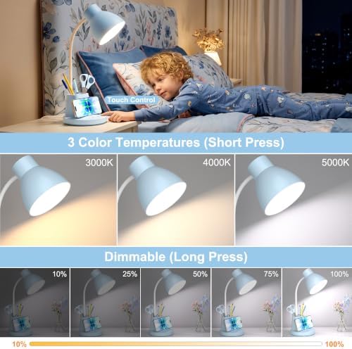 10W Wireless Charging LED Desk Lamp with Pen Holder, CRI 95, Blue