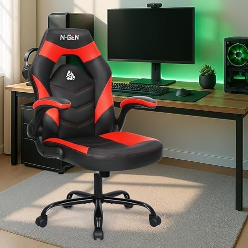N-GEN GAMING Video Gaming Chair Ergonomic Office Desk Chair with Lumbar Support Adjustable Height Padded Flip Up Arms and Swivel Wheels Racing Style Design for Adults with PU Leather (Red)