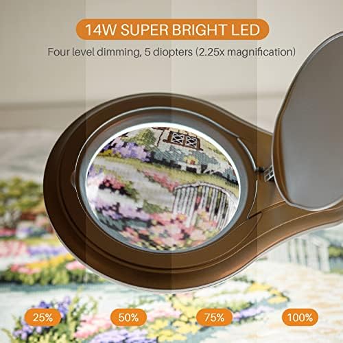 LED Magnifying Lamp with Clamp, 5 Inch Magnifier Glass Lens, Metal Swing Arm Dimming 1200 Lumens Lighted Magnifying Desk Lamp for Crafts, Bright 60PCS LEDs - 2.25X Magnification(Silver)