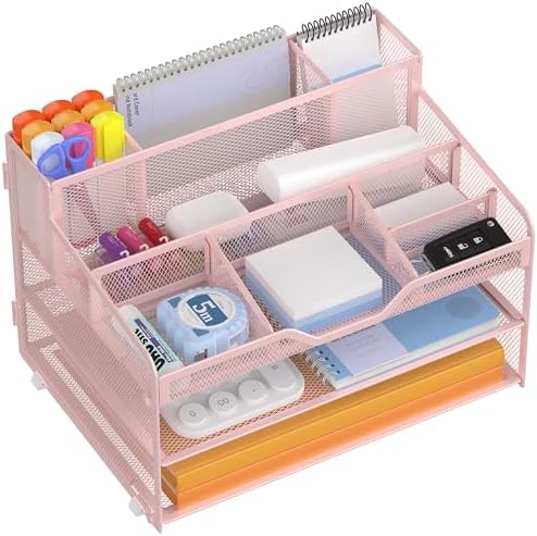 Docnest 3 Tier Mesh Desk Organizer with Letter Tray & Paper Sorter, Pink