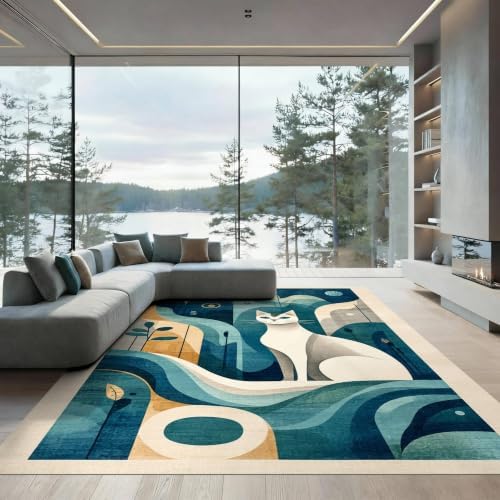 6'x9' Teal Blue Cat Boho Abstract Design Ultra-Soft Area Rug