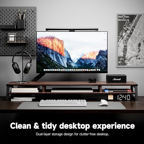 Dual Monitor Stand Riser for Desk, 41.7 Inch Large 2 Tier Computer Monitor Stand for 2 Monitors, Desktop Storage Organizer Shelf with Keyboard Space for Laptop PC Printer Brown