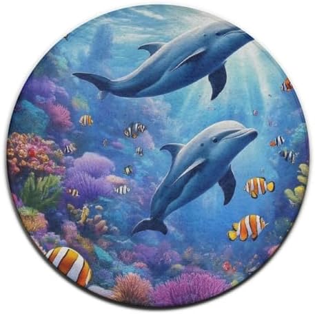 Home Decor Non Slip Kitchen Office Circle Rug, Machine Washable Modern Round Area Rug, Room Sofa Yoga Soft Round Carpet Sea Underwater Beautiful Sea World Dolphins, 60inch