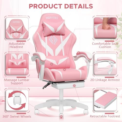 Pink Gaming Chair with Massage Footrest Ergonomic Computer Chair for Girls