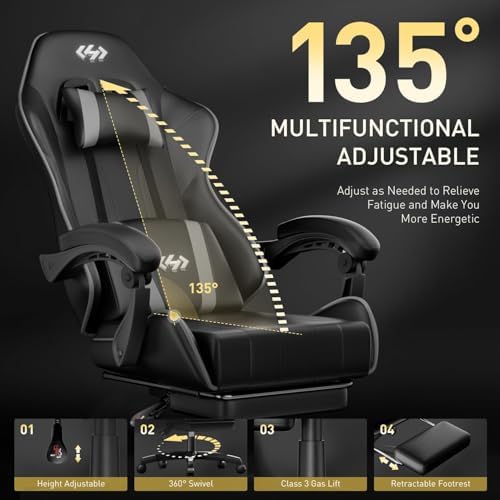 HLDIRECT Gaming Chair with Footrest, Lumbar Support & Headrest, Black&Grey