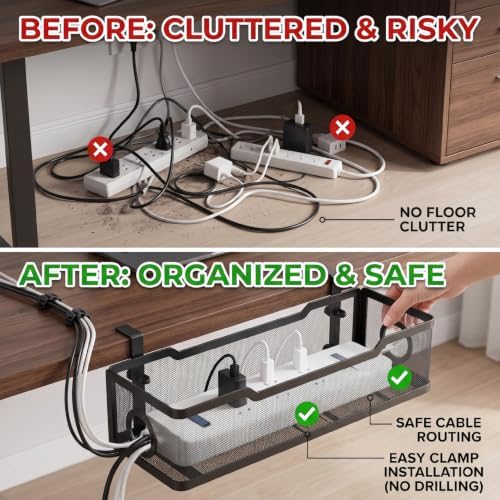Under Desk Cable Management Tray, No Drill Cable Organizer for Desk, Metal Wire Management Basket with Clamp Mount, Cord Organizer Holder for Standing Desk, Home Office and Gaming Setup