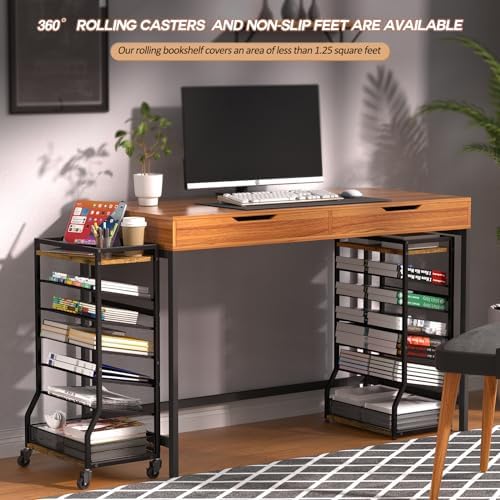 ThreeHio 7 Tier Rolling File Cart with Sliding Trays, Wood Metal File Organizer Beside Desk, Free-Standing File Holder, Paper Letter Tray Organizer Mesh Desk Organizer for Home Office School (Patent)