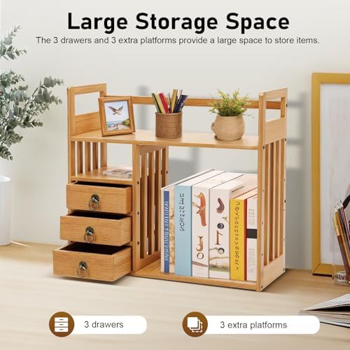 Bamboo Desktop Bookshelf, Organizer Office Desk Storage Display Shelf Rack with 3 Drawers Desk File, Office Counter Top Bookcase for Home School