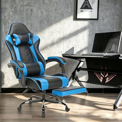 Big and Tall Gaming Chair with Footrest, Ergonomic Computer Desk Chair with Lumbar Support & Headrest, High Back PU Leather Gaming Office Chair, Reclining Swivel Task Chair for Office or Gaming