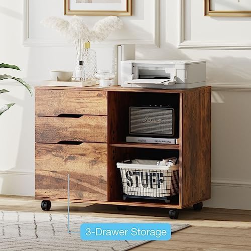 OLIXIS 3 Drawer Lateral File Cabinet, Rolling Printer Stand with Storage