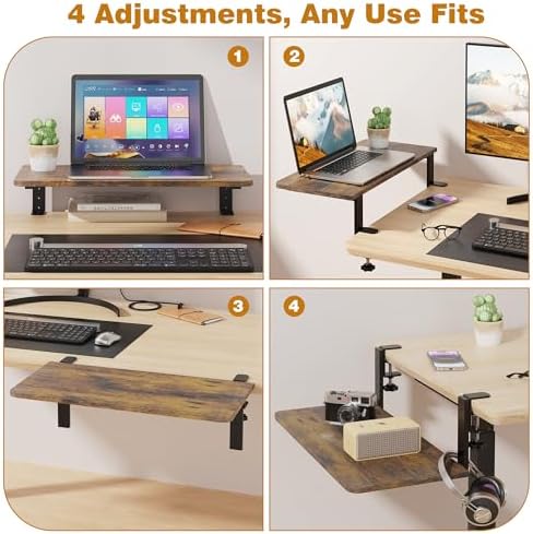 Desk Extender, 22-inch Clamp-On Desk Shelf, Height-Adjustable Desktop Shelf Organizer for Monitors Office and Gaming Accessories, Arm Support Table Extension, 44lbs Heavy Duty, Dark Brown