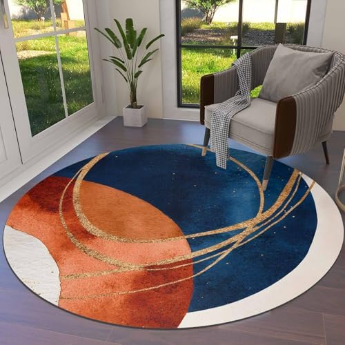 Navy Blue Burnt Orange Round Area Rugs, Boho Art Modern Geometric Non-Skid Children Playing Mat, 5ft Soft Circle Farmhouse Rugs for Living Room, Bedroom, Dining Room