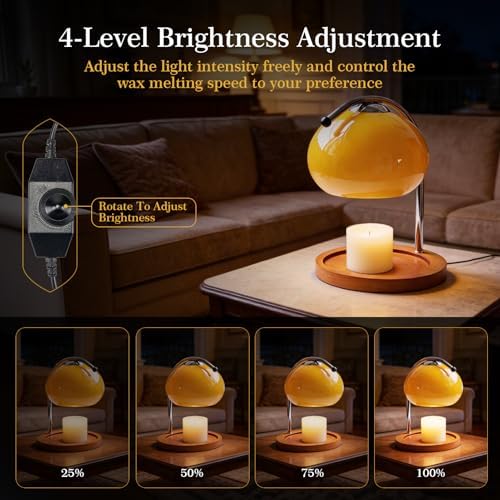 Topyond Aroma Wax Melting Lamp, Retro Wood Glass Candle Warmer，Yellow