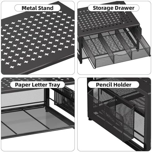 Marbrasse Metal Printer Stand for Desk with Storage Drawer and 2 Pen Holders, 2-Tier Desktop Organizer Printer Table for Home Office, Multi-Purpose Desk Organizer for Fax Machine Scanner Files(Black)