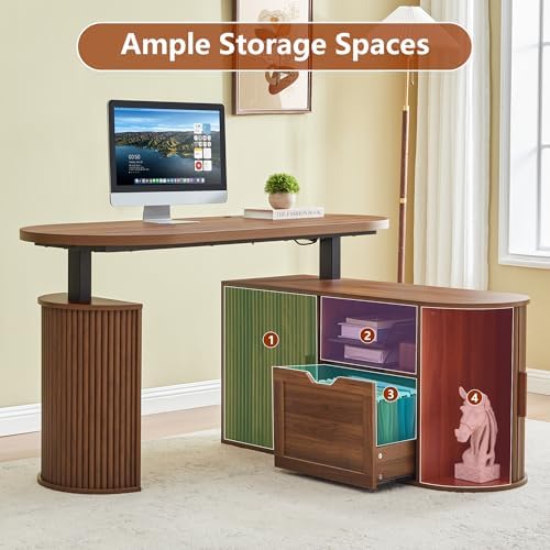 55" L Shaped Oval Electric Wood Standing Desk with Storage