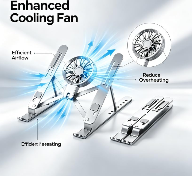 Laptop Stand for Desk, Foldable Portable Laptop Stand Notebook Holder, Detachable Silent Cooling Fan Notebook Mount Stand for 10-15.6” LaptopsTablets Perfect for Office/Home (Black)