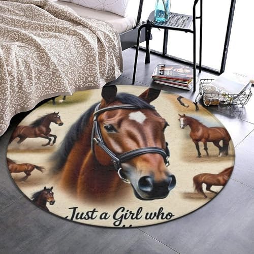 Soft Round Yoga Carpet, Large Home Decor Mat, Non Slip Machine Washable Kitchen Office Circle Rug Just A Girl Who Loves Horses