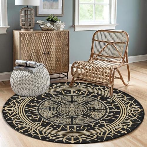 Soft Round Yoga Carpet, Large Home Decor Mat, Non-Slip Machine Washable Kitchen Office Circle Rug Compatible with Cool Norse Viking Vegvisir Runic Compass