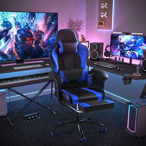 Shahoo Gaming Chair with Footrest and Massage Lumbar Support, Ergonomic Computer Chairs 360°Swivel and Height Adjustable Seat with Headrest for Office or Bedroom, Study Room, Blue