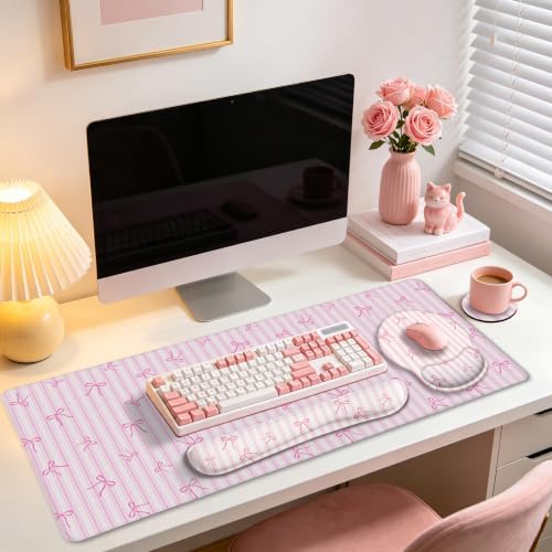 LIMKRIAN Pink Striped Mouse Pad Desk Mat Set, Cute Back to School Supplies