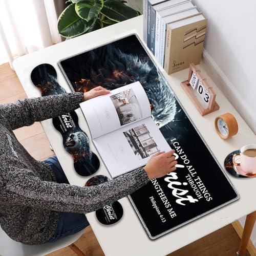 4 in 1 Mouse Pad Combo, Large Gaming Mouse Pad + Keyboard Wrist Support + Mouse Wrist Rest + Coaster, Table Pad 31.5 "x 11.8" with Memory Foam Ergonomic Wrist Pad Set, Ferocious Wolf