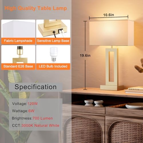 Seealle Nightstand Table Lamps for Bedrooms Set of 2 - Touch Bedside Lamp with USB C+A, 3 Way Dimmable Living Room Lamps for End Tables Set of 2(White&Gold)