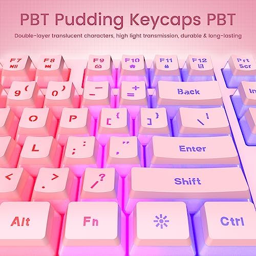 yesbeaut Pink Wired Keyboard, LED Backlit, 104 Keys Silent Light Up Gaming