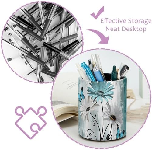 Farm Teal Daisy Butterfly on Country Wooden Pen Holder Pencil Organizer Cute Pencil Cup Desk Decor Makeup Brush Holder PU Multifunctional Office Supplies for Home Classroom School
