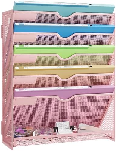 Pink Desk Organizer, Hanging Wall File Organizer with 6 Tiers
