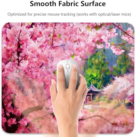 Japanese Spring Cherry Blossom Garden Mouse Pad, Asian Pavilion Desk Mat
