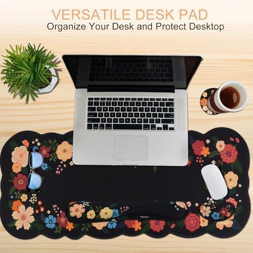 Petmolico Desk Pad Set with Wrist Rest for Keyboard & Mouse, Black Floral