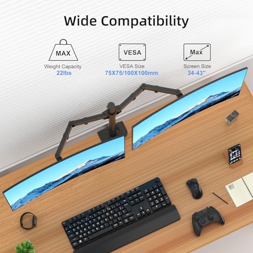 Suptek Dual Monitor Desk Mount, Adjustable Dual Monitor Arm for 2 Monitor Screens up to 43 inch, 15.75" Pole Monitor Stand for Desk, Holds up to 22 lbs, Black(MD9442LB)
