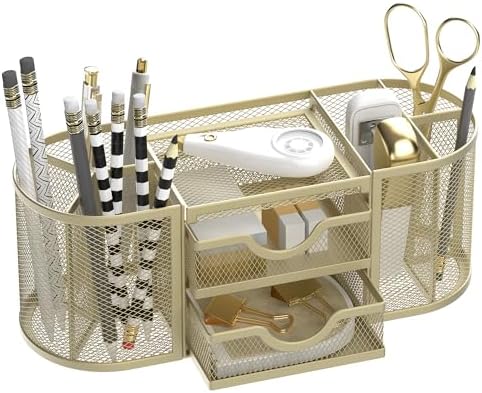 SUPEASY Mesh Desk Organizer, Pen Holder for Desk with 2 Drawers, Yellow