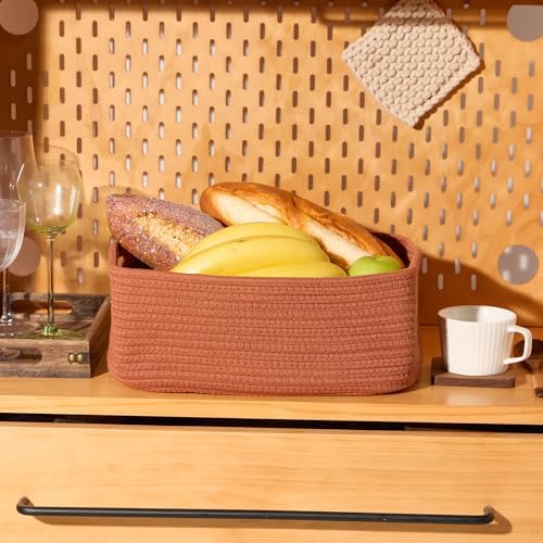 MiniArk Small Storage Baskets for Organizing | Closet Organizer Bins | Shelf Toy Basket | Woven Rope Baskets | Cube Decorative Box | Shallow Basket | 13x8.5x5.1” | 4 Packs Oxide Red
