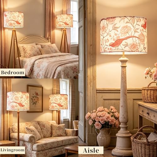 GO&SO Lamp Shades Set of 2,16" D x 10" H,Large Drum,Pink Floral Birds