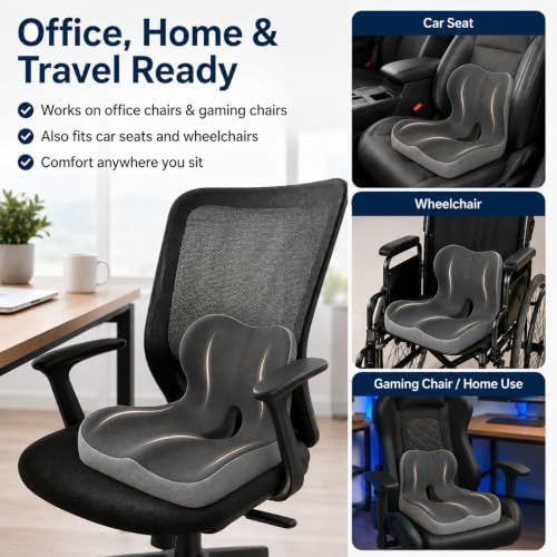 Celnva Orthopedic Seat Cushion – L-Shaped Lumbar Support Memory Foam Comfort for Long Sitting, Ergonomic Support for Office Chair, Wheelchair, Car & Travel (XL Black)